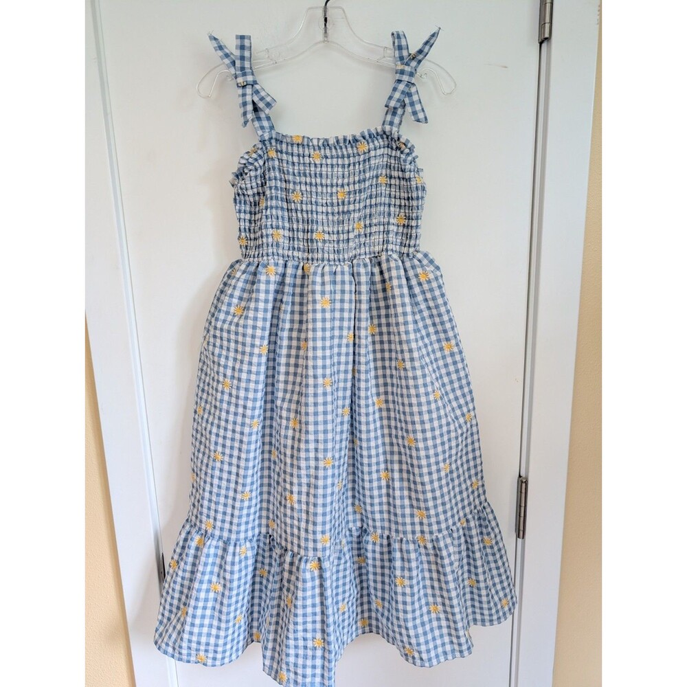 Gingham Embroidered Smocked Tank Dress Girl's Small Seersucker Bow Cottagecore